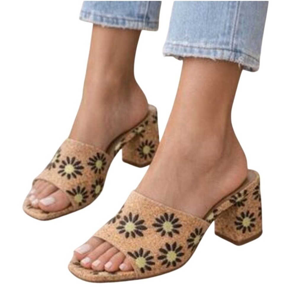 Anthropologie Coconuts By Matisse Kristin Floral Cork Block Heel Slides Size 9M